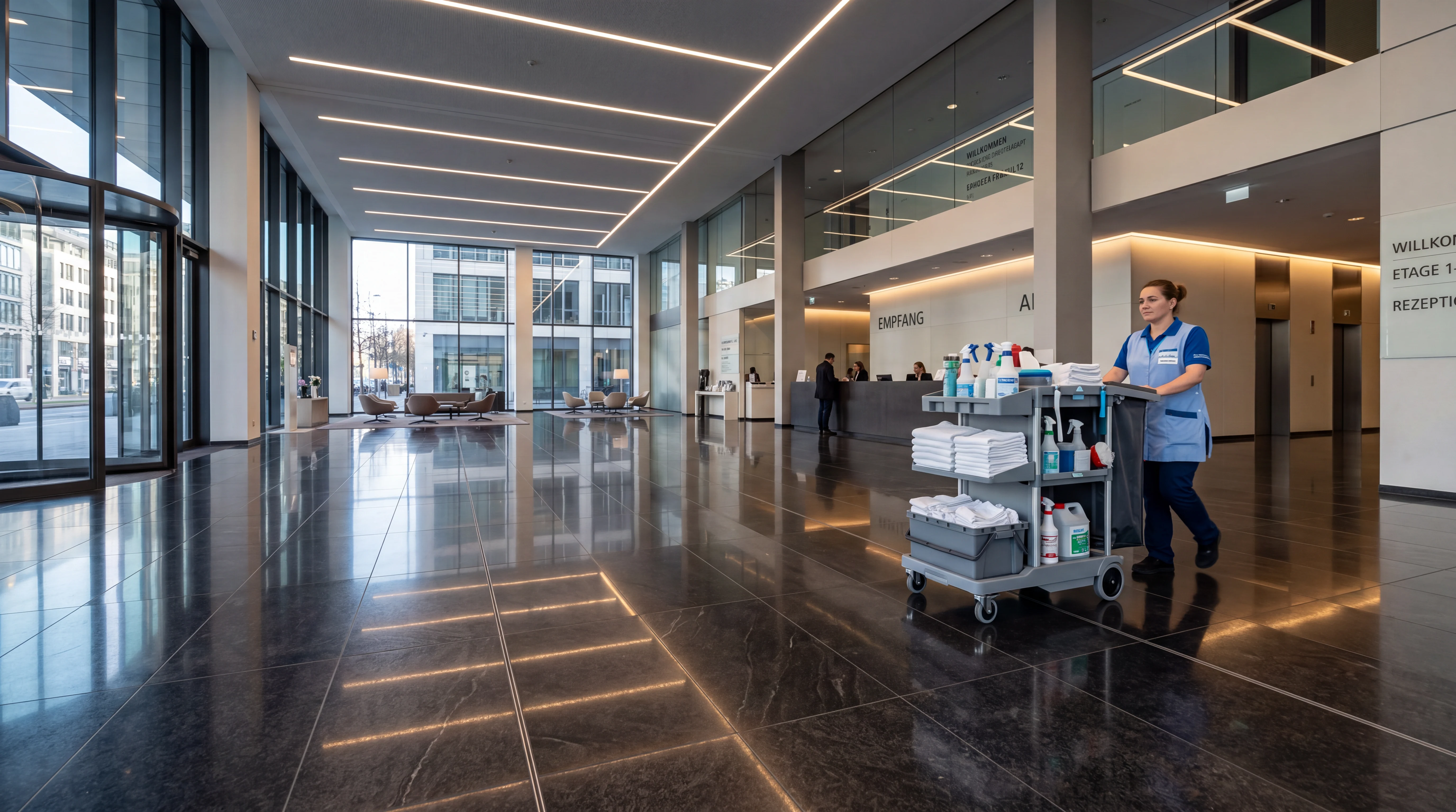 Reinigungskraft mit Wagen in einer modernen Bürolobby mit Empfang